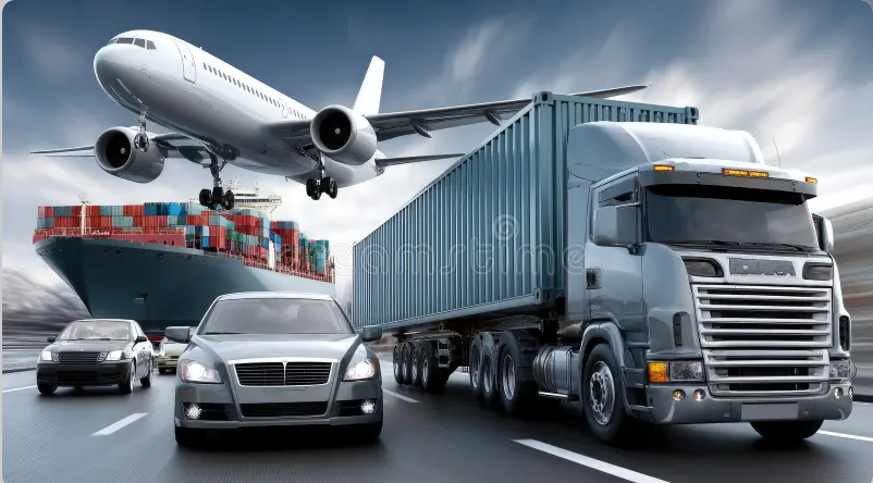 Logistik terpadu: pesawat cargo, kapal kontainer, truk, dan mobil di jalan raya